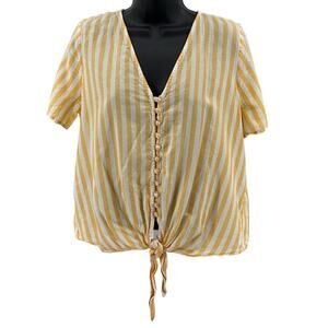 Madewell Top SZ M Agency Tie-Front Button up Pompano Stripe Yellow White V-Neck